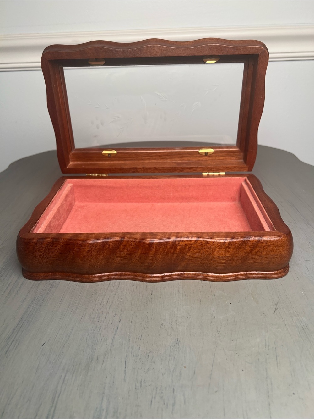 Vintage walnut etched glass jewelry/watch/treasure box. Beautiful curved lines.